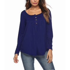 Round Neck Button Long Sleeve Plain Casual T-Shirts