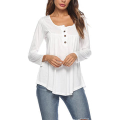 Round Neck Button Long Sleeve Plain Casual T-Shirts
