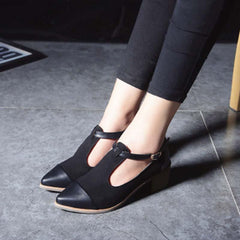 Women Stylish Retro Thick Heel T Buckle Suede Patchwork Pumps
