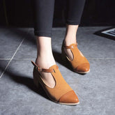Women Stylish Retro Thick Heel T Buckle Suede Patchwork Pumps