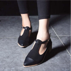 Women Stylish Retro Thick Heel T Buckle Suede Patchwork Pumps