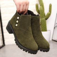 Plain Chunky Low Heeled Velvet Round Toe Date Ankle Boots