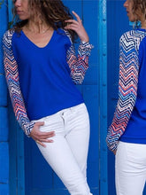 V Neck Long Sleeve Fashion Patchwork Printed T-Shirts