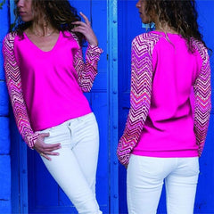 V Neck Long Sleeve Fashion Patchwork Printed T-Shirts