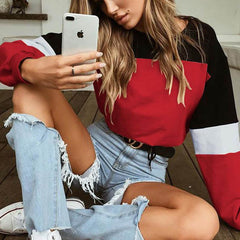 Round Neck Patchwork Long Sleeve Sweatshirt