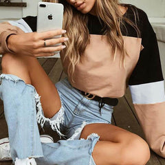 Round Neck Patchwork Long Sleeve Sweatshirt