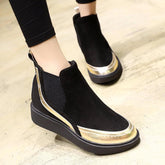 Color Block Low Heeled Velvet Round Toe Casual Flat Boots