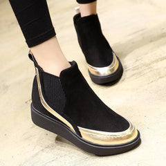 Color Block Low Heeled Velvet Round Toe Casual Flat Boots