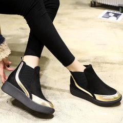 Color Block Low Heeled Velvet Round Toe Casual Flat Boots