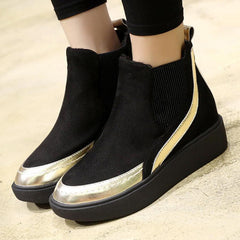 Color Block Low Heeled Velvet Round Toe Casual Flat Boots