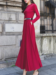 Round Neck Patch Pocket Plain Maxi Dress
