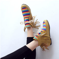 Women Autumn Rainbow Patchwork Tassel Casual Comfort Boots