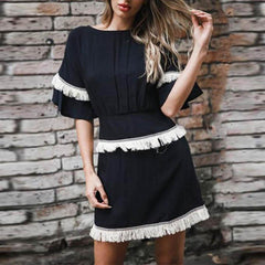 Elegant Round Neck Short Sleeve Tassel Skater Dress