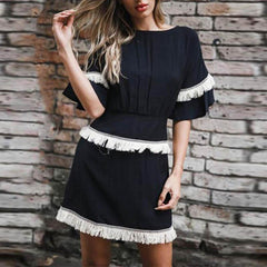 Elegant Round Neck Short Sleeve Tassel Skater Dress