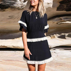 Elegant Round Neck Short Sleeve Tassel Skater Dress