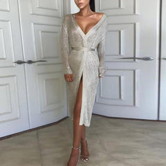 Deep V Neck Sexy Hollow Out Belt Long Sleeve Bodycon Dress