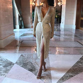 Deep V Neck Sexy Hollow Out Belt Long Sleeve Bodycon Dress