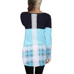 Round Neck Color Block Patchwork Lace Long Sleeve T-Shirts