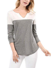 Women Autumn New Shirts Patchwork V Neck Casual Pullover T-Shirts