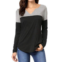 Women Autumn New Shirts Patchwork V Neck Casual Pullover T-Shirts