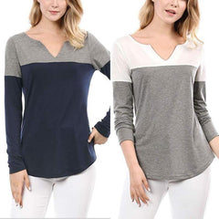 Women Autumn New Shirts Patchwork V Neck Casual Pullover T-Shirts