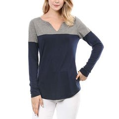 Women Autumn New Shirts Patchwork V Neck Casual Pullover T-Shirts