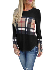 Crew Neck Asymmetric Hem Cutout Patchwork Side Slit Curved Hem Plaid Long Sleeve T-Shirts
