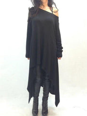 Off Shoulder Long Sleeve Plain Asymmetrical Hem T-Shirts