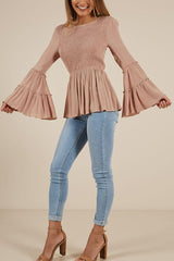 Round Neck Plain Bell Sleeve Woman Blouses