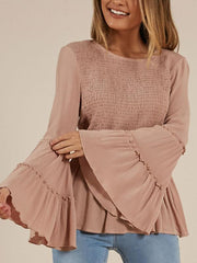 Round Neck Plain Bell Sleeve Woman Blouses