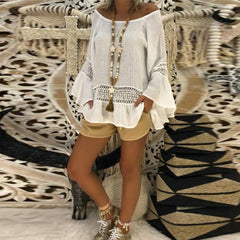 Round Neck Long Flare Sleeve Lace Patchwork Blouses