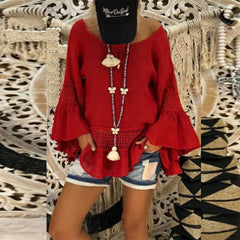Round Neck Long Flare Sleeve Lace Patchwork Blouses