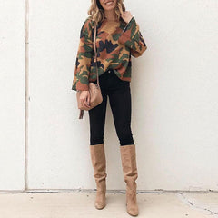 Round Neck Camouflage Printed Long Flare Sleeve Knitting Sweaters