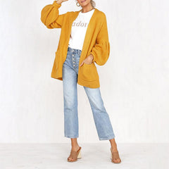Fashion Plain Long Lantern Sleeve Pocket Knitting Cardigans Coats