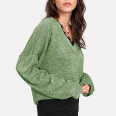 Woman V Neck Lace Patchwork Long Sleeve Knitting Sweaters