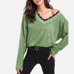 Woman V Neck Lace Patchwork Long Sleeve Knitting Sweaters