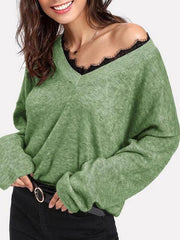 Woman V Neck Lace Patchwork Long Sleeve Knitting Sweaters