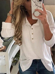 Solid Color Long-Sleeved Button Split T-Shirt