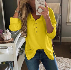 Solid Color Long-Sleeved Button Split T-Shirt
