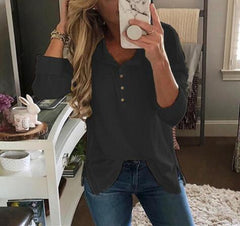 Solid Color Long-Sleeved Button Split T-Shirt