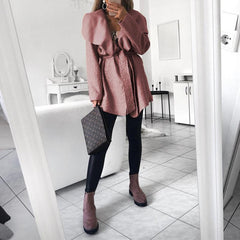 Fashion Lapel Belt Long Sleeve Plain Casual Jackets