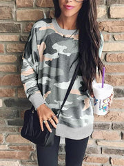 Round Neck Camouflage Printed Long Sleeve Loose T-Shirts