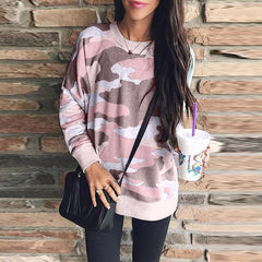 Round Neck Camouflage Printed Long Sleeve Loose T-Shirts