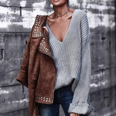 V Neck Long Flare Plain Knitting Fashion Sweaters