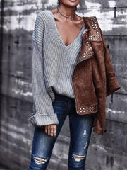 V Neck Long Flare Plain Knitting Fashion Sweaters