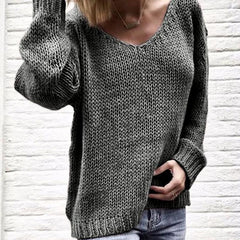 V Neck Long Sleeve Plain Knit Woman Casual Sweaters