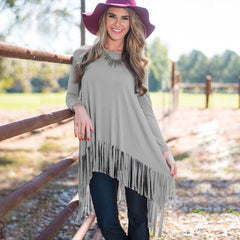 Round Neck Tassels Asymmetrical Hem T-Shirts