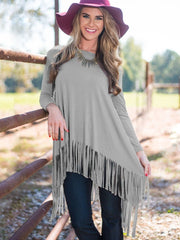 Round Neck Tassels Asymmetrical Hem T-Shirts