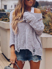 Round Neck Cutout Plain Bell Sleeve Sweaters