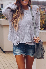 Round Neck Cutout Plain Bell Sleeve Sweaters